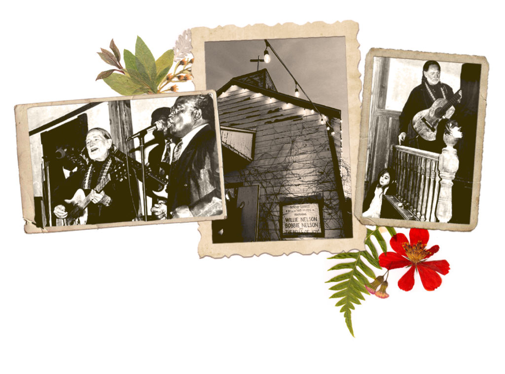 collage of images from Easter Sunday service in Luck, TX with Willie Nelson
